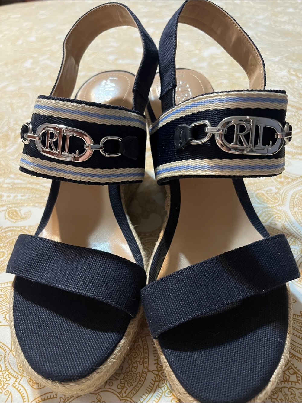 Lauren Ralph Lauren Navy Espadrille Wedge Sandals with Silver Logo Trim - Picture 2 of 9